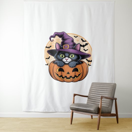 Kat Halloween Pompoen Zwarte Kat Oversized T-shirt Wandkleed (In situ)
