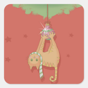 Kat hangen aan kerstbal vierkante sticker