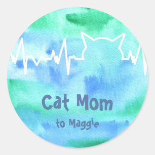 Kat hartslag voor kattemomen, kat dads, waterverf ronde sticker