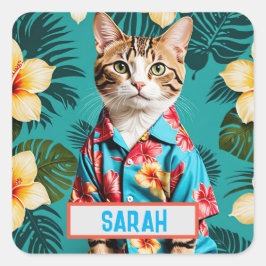 Kat Hawaïaans shirt Sticker, kattenliefhebber, sti Vierkante Sticker