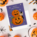 Kat heks en Jack O Lantern's Happy Halloween Folie Feestdagen Briefkaart<br><div class="desc">Cute halloween groet voor kinderen met hekkat en echte gouden foliën sterren</div>