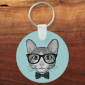 Kat Hipster met Polka Dots Bow Stropdas Sleutelhanger (Voorkant)
