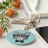 Kat Hipster met Polka Dots Bow Stropdas Sleutelhanger (Zijkant)