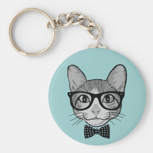 Kat Hipster met Polka Dots Bow Stropdas Sleutelhanger (Voorkant)