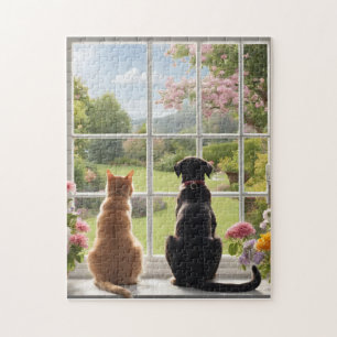 Kat Hond Bloemen Tuin Puzzel Legpuzzel