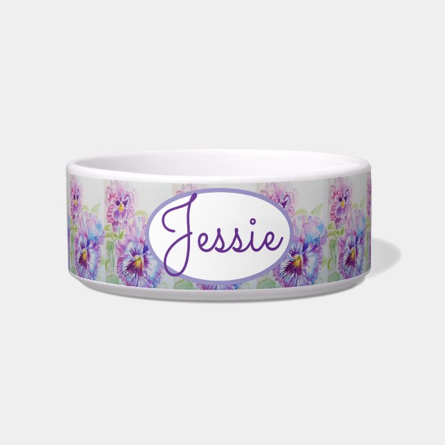 Kat Hond Shabby Bloemen Pansies Pet Name Bowl Voerbakje (Voorkant)