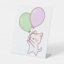 Kat houdt ballontekening vast reclamebord met voetstuk