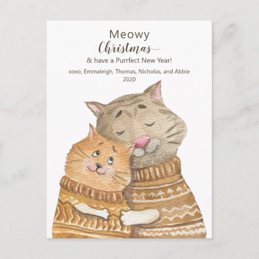 Kat Hug Meowy Kerstmis en Purrfect nieuwjaar Briefkaart (Voorkant)