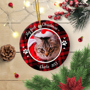 Kat Huisdier Eerste Kerst Foto Rustic Rode Plaid Keramisch Ornament