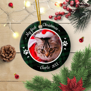 Kat Huisdier Eerste Kerst Foto Rustieke Groen Scho Keramisch Ornament