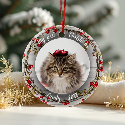 Kat Huisdier Eerste Kerstfoto Rode Berry Krans Keramisch Ornament