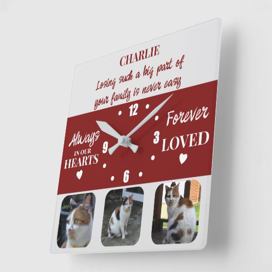 Kat huisdier verlies Keepsake Memorial bordeaux Vierkante Klok (Hoek)