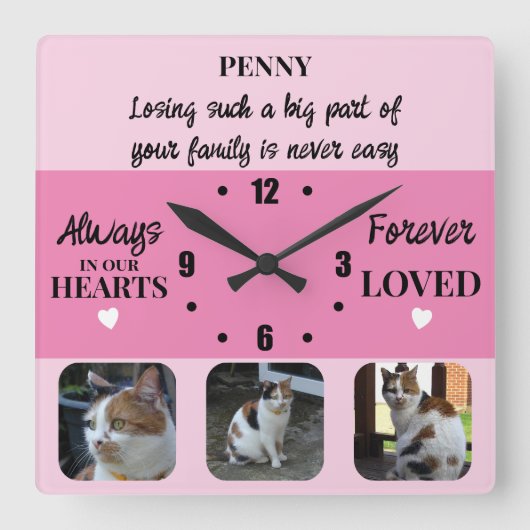 Kat huisdier verlies Keepsake Memorial roze Vierkante Klok (Voorkant)