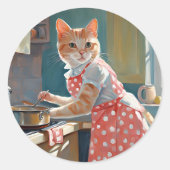 Kat huisvrouw koken diner ronde sticker (Voorkant)