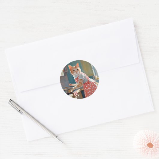 Kat huisvrouw koken diner ronde sticker (Envelop)