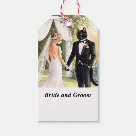 Kat huwelijksfeest gethematiseerd met Bruid en Bru Cadeaulabel (Voorkant)