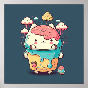 Kat-ijs van de Cute kawaii in een bekertje Poster