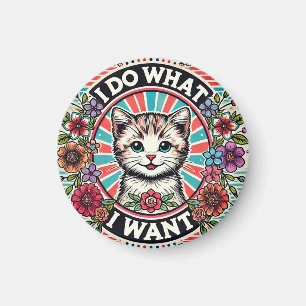 Kat illustratie met bloemen en positieve slogan magneet