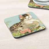 Kat Illustratie met roze bloemen Bier Onderzetter (Linkerzijde)