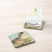  Kat Illustratie met roze bloemen Bier Onderzetter (Rechterzijde)