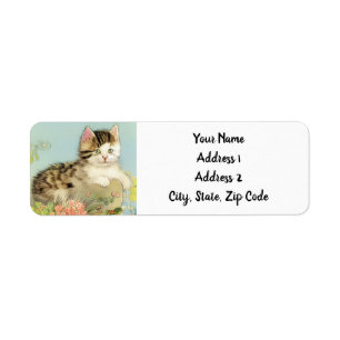  Kat Illustratie met roze bloemen Etiket