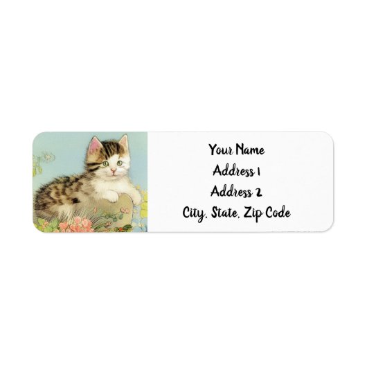 Kat Illustratie met roze bloemen Etiket (Voorkant)