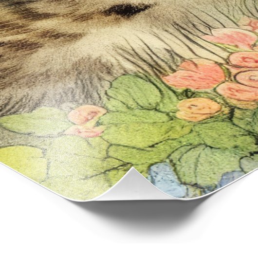  Kat Illustratie met roze bloemen Foto Afdruk (Hoek)