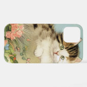  Kat Illustratie met roze bloemen iPhone Hoesje (Achterkant horizontaal)