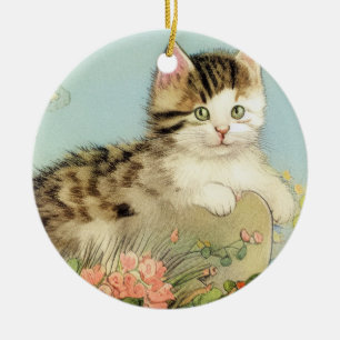 Kat Illustratie met roze bloemen Keramisch Ornament