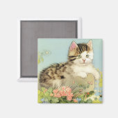 Kat Illustratie met roze bloemen Magneet (Voorkant / Achterkant)