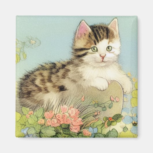 Kat Illustratie met roze bloemen Magneet (Voorkant)