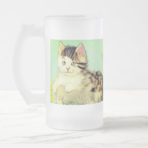 Kat Illustratie met roze bloemen Matglas Bierpul