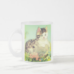 Kat Illustratie met roze bloemen Matglas Koffiemok