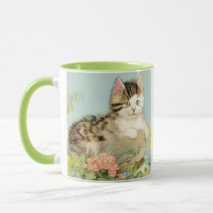 Kat Illustratie met roze bloemen Mok