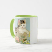  Kat Illustratie met roze bloemen Mok (Voorkant links)