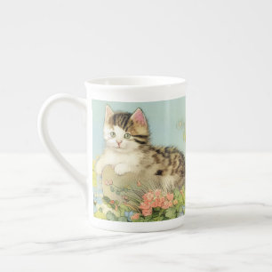 Kat Illustratie met roze bloemen Porselein Kop