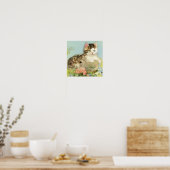 Kat Illustratie met roze bloemen Poster (Keuken)