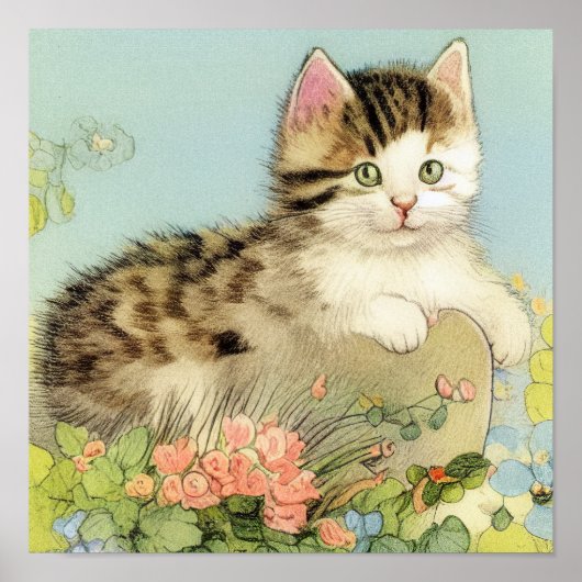 Kat Illustratie met roze bloemen Poster (Voorkant)