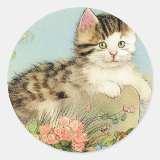  Kat Illustratie met roze bloemen Ronde Sticker (Voorkant)