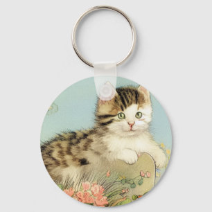 Kat Illustratie met roze bloemen Sleutelhanger