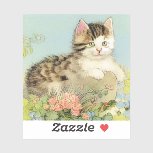 Kat Illustratie met roze bloemen Sticker (Vel)