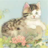 Kat Illustratie met roze bloemen Sticker (Voorkant)