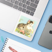 Kat Illustratie met roze bloemen Sticker (Laptop met iPhone)
