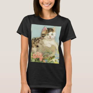 Kat Illustratie met roze bloemen T-shirt