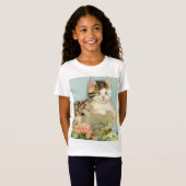 Kat Illustratie met roze bloemen T-shirt (Voorkant volledig)