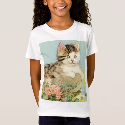 Kat Illustratie met roze bloemen T-shirt (Voorkant)