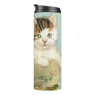  Kat Illustratie met roze bloemen Thermosbeker