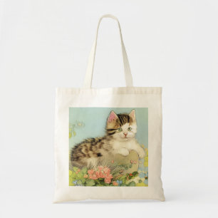 Kat Illustratie met roze bloemen Tote Bag