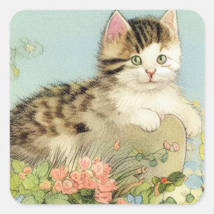 Kat Illustratie met roze bloemen Vierkante Sticker