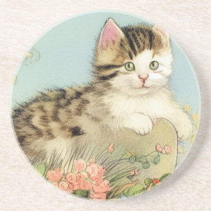 Kat Illustratie met roze bloemen Zandsteen Onderzetter
